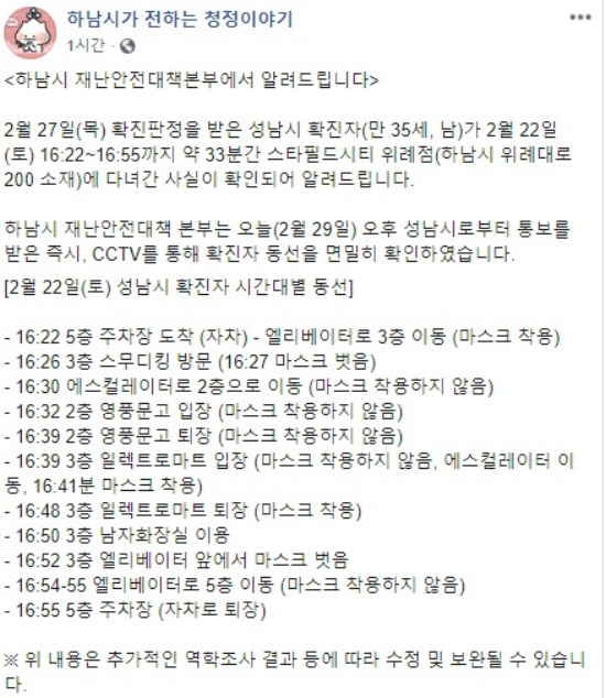 Hanam City Starfield Testigo de orden de cierre de 24 horas, Seongnam Corona 19 Confirmado Cobre