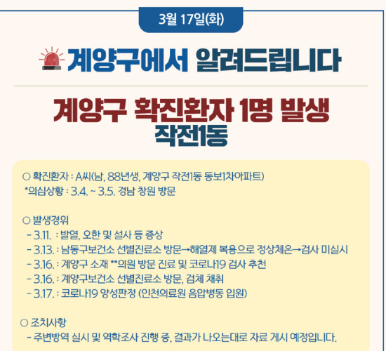 Oficina de Gyeyang-gu, Operación 1 Dongdong 1st Apartment, hombres de 30 años Corona 19 confirmados [Noticias de última hora]